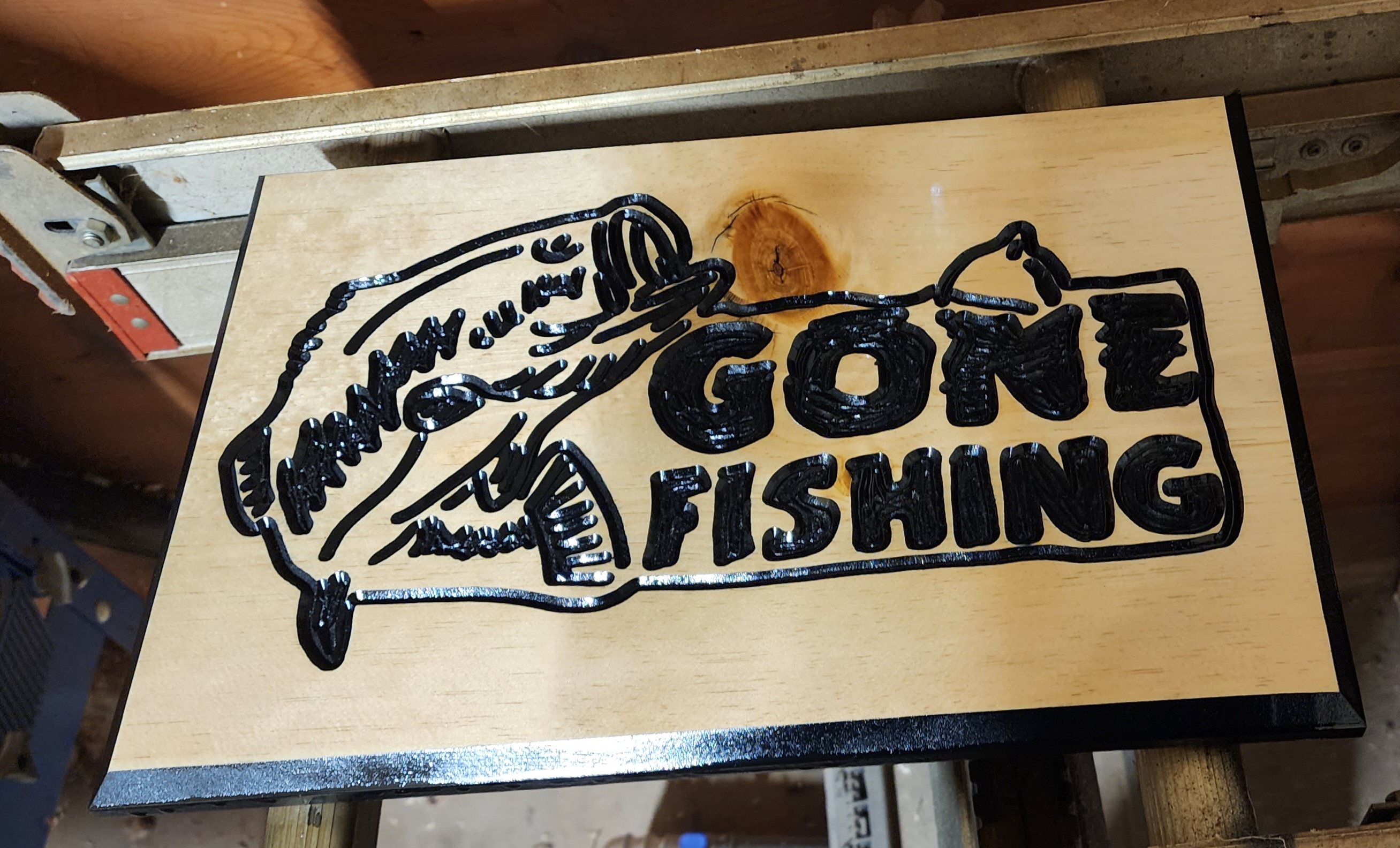 Pine Hand Carved Routed Gone Fishing sign
