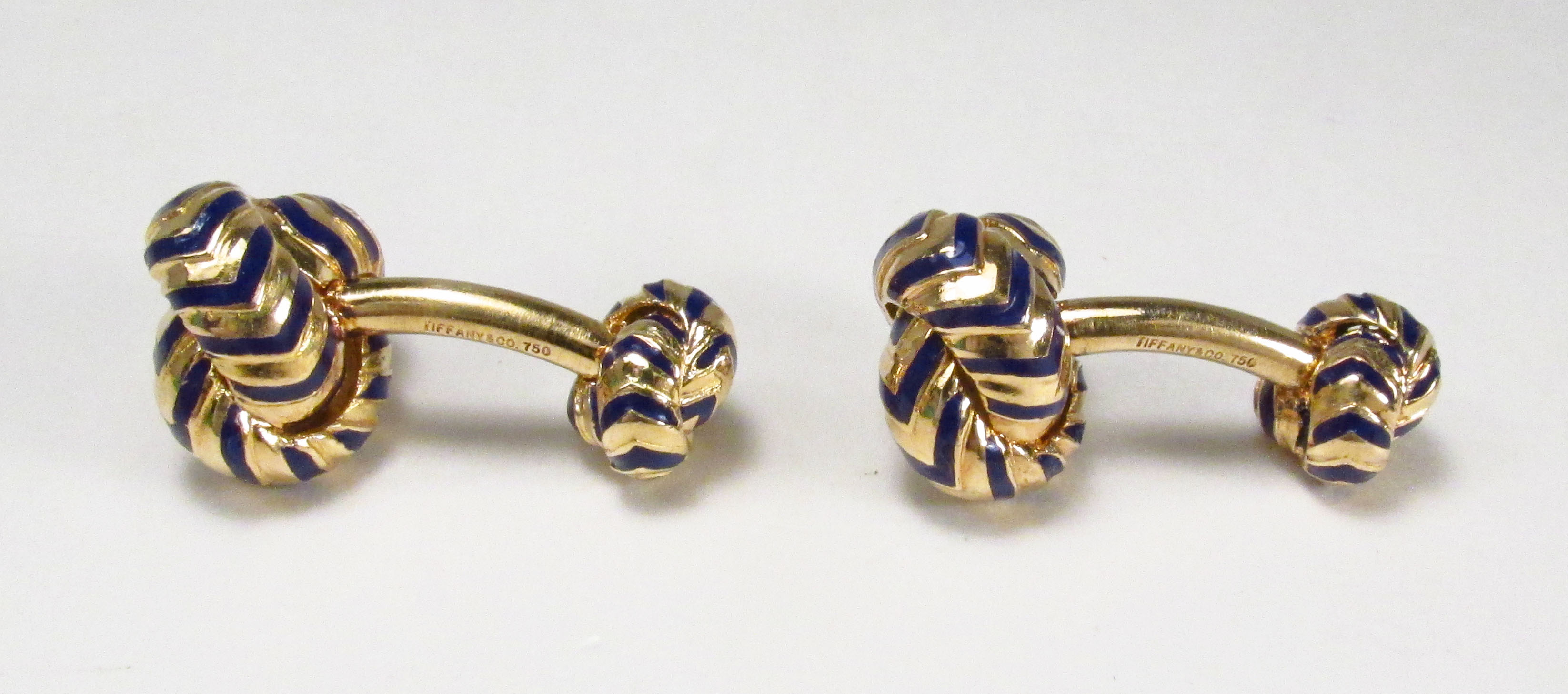 Pre-Owned Genuine Tiffany & Co. 18K Gold Blue Enamel Double Knot Men's Cufflinks