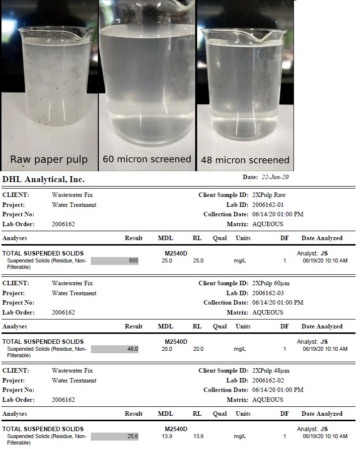 Paper pulp, Raw, 60um screened, 48um screened and accompanying TSS lab 