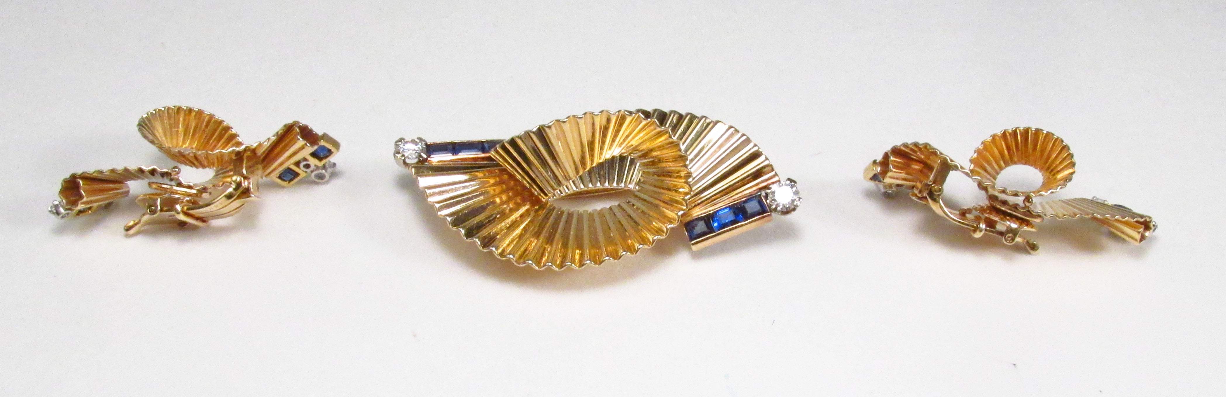 Vintage 1950s George Schuler PP USA 14K Gold Diamond Sapphire Brooch Earrings