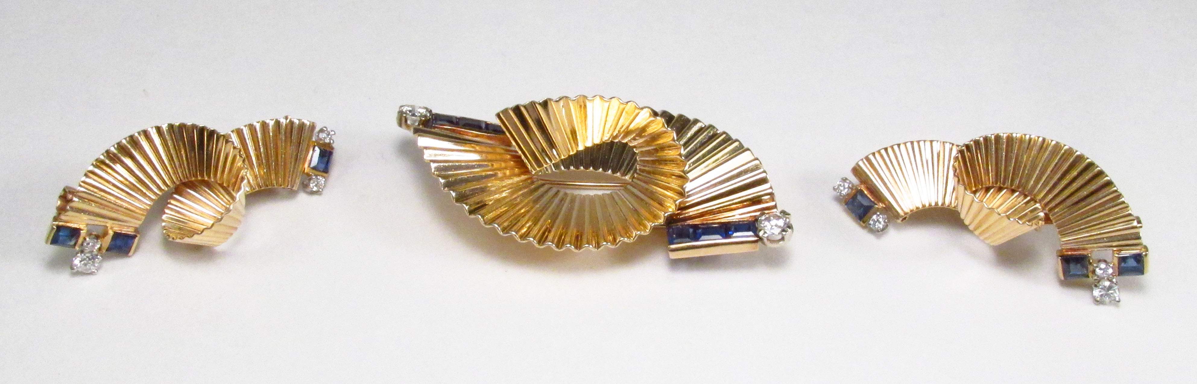 Vintage 1950s George Schuler PP USA 14K Gold Diamond Sapphire Brooch Earrings