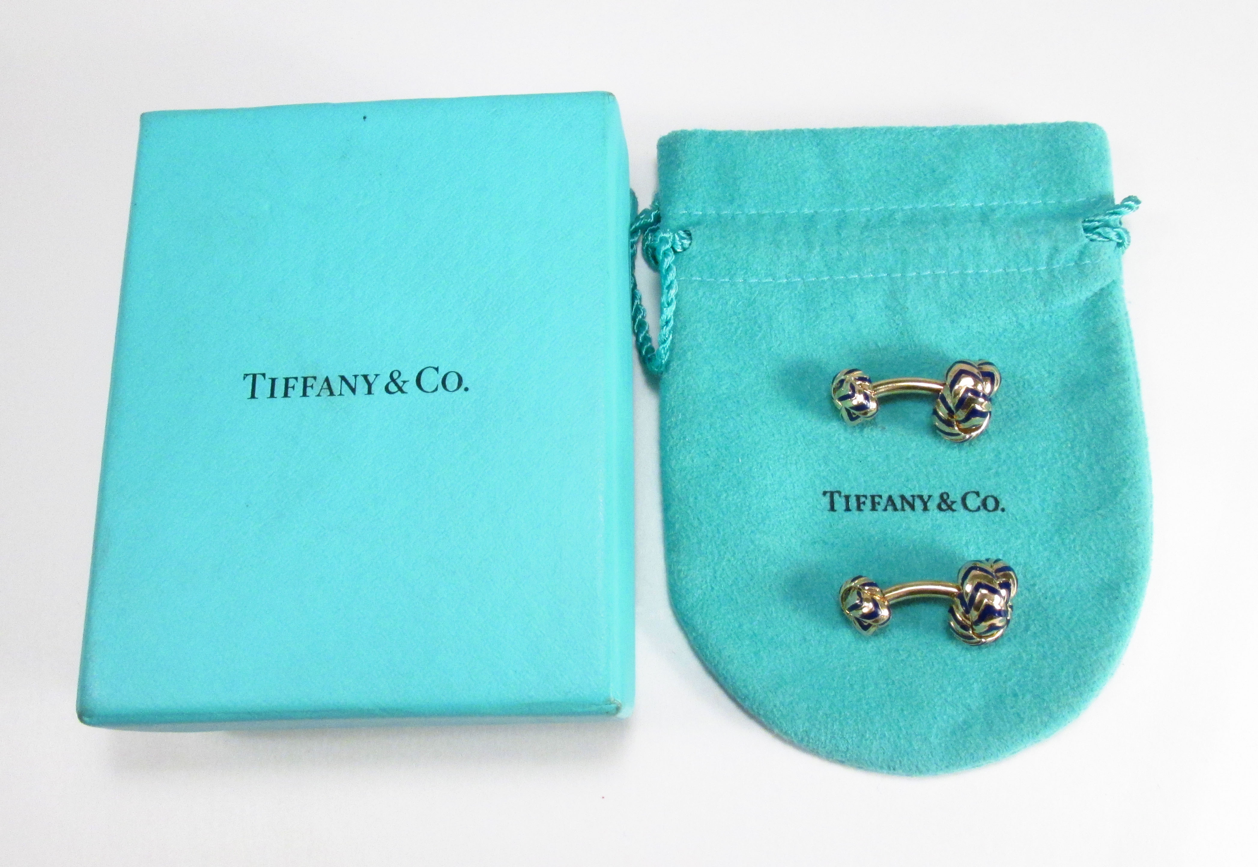 Pre-Owned Genuine Tiffany & Co. 18K Gold Blue Enamel Double Knot Men's Cufflinks