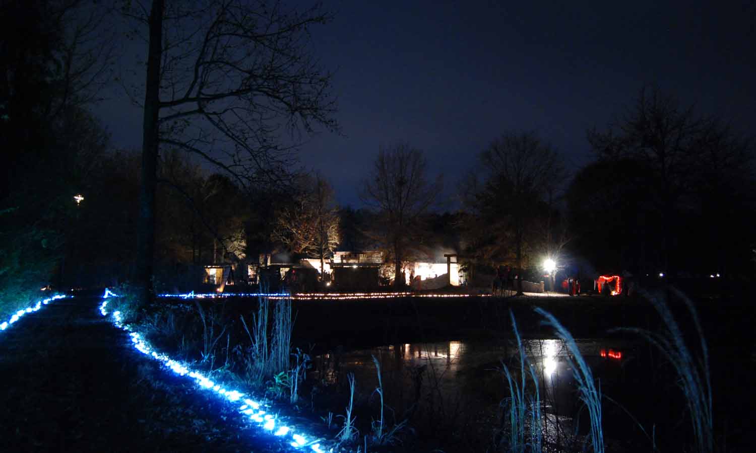 View of the village from the lighted path